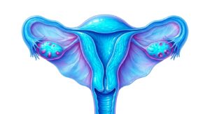 자궁과 난소의 해부학적 구조를 나타내는 3D 의학 일러스트